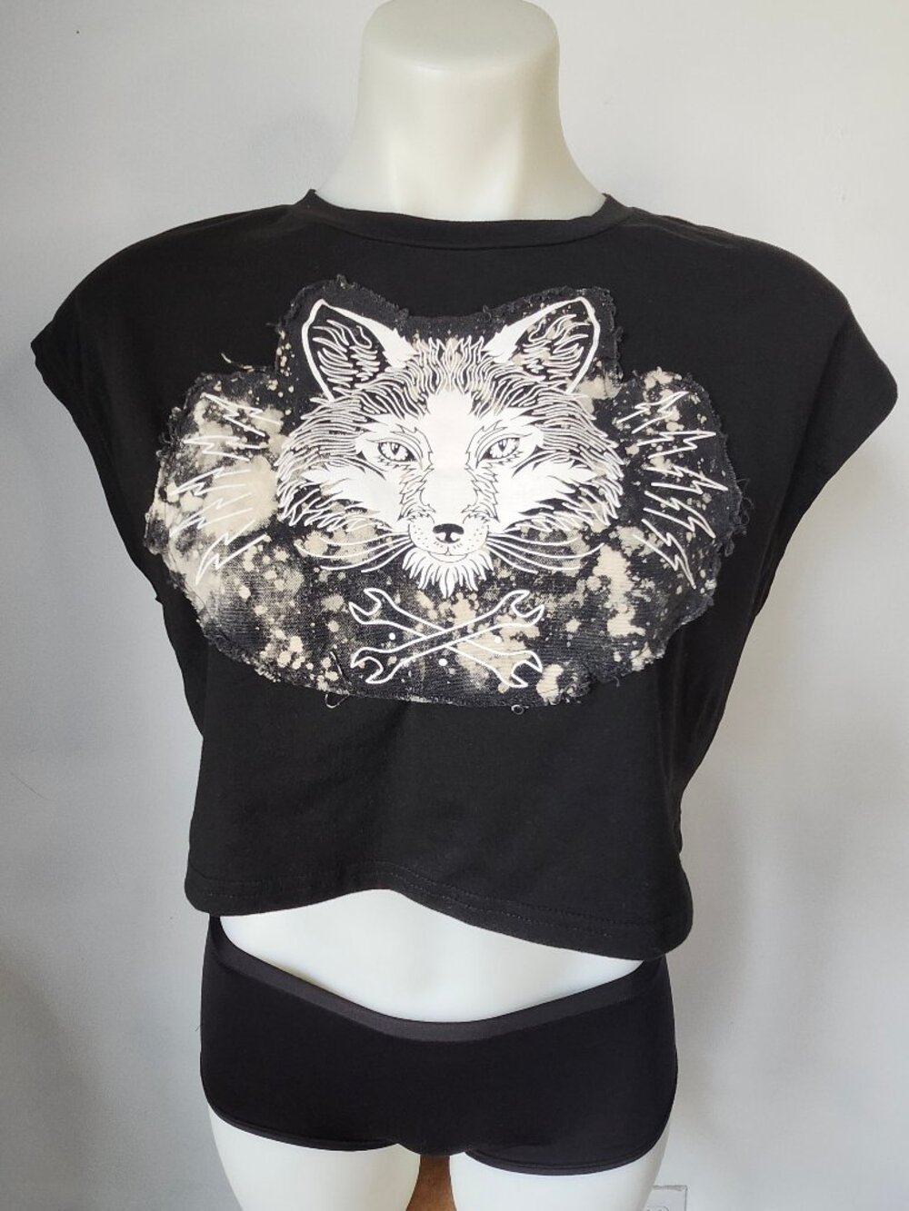 Black Crop Top w/ Wolf Lightning + Wrench Tools Front Decal Patch - Tie Dye
